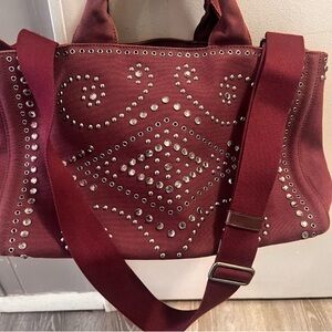Prada Large Denim Canapa Bijoux Grommet Burgundy Fabric Satchel /Crossbody Bag.